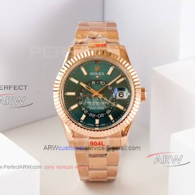 AAA replica Rolex Sky-Dweller rose gold case green dial men's mechanical watch 42mm 